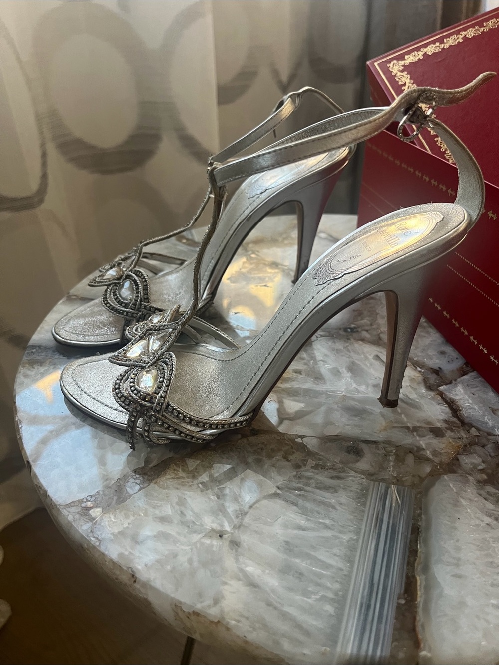 Rene Caovilla Silver Crystal T-Strap Stiletto Sandals